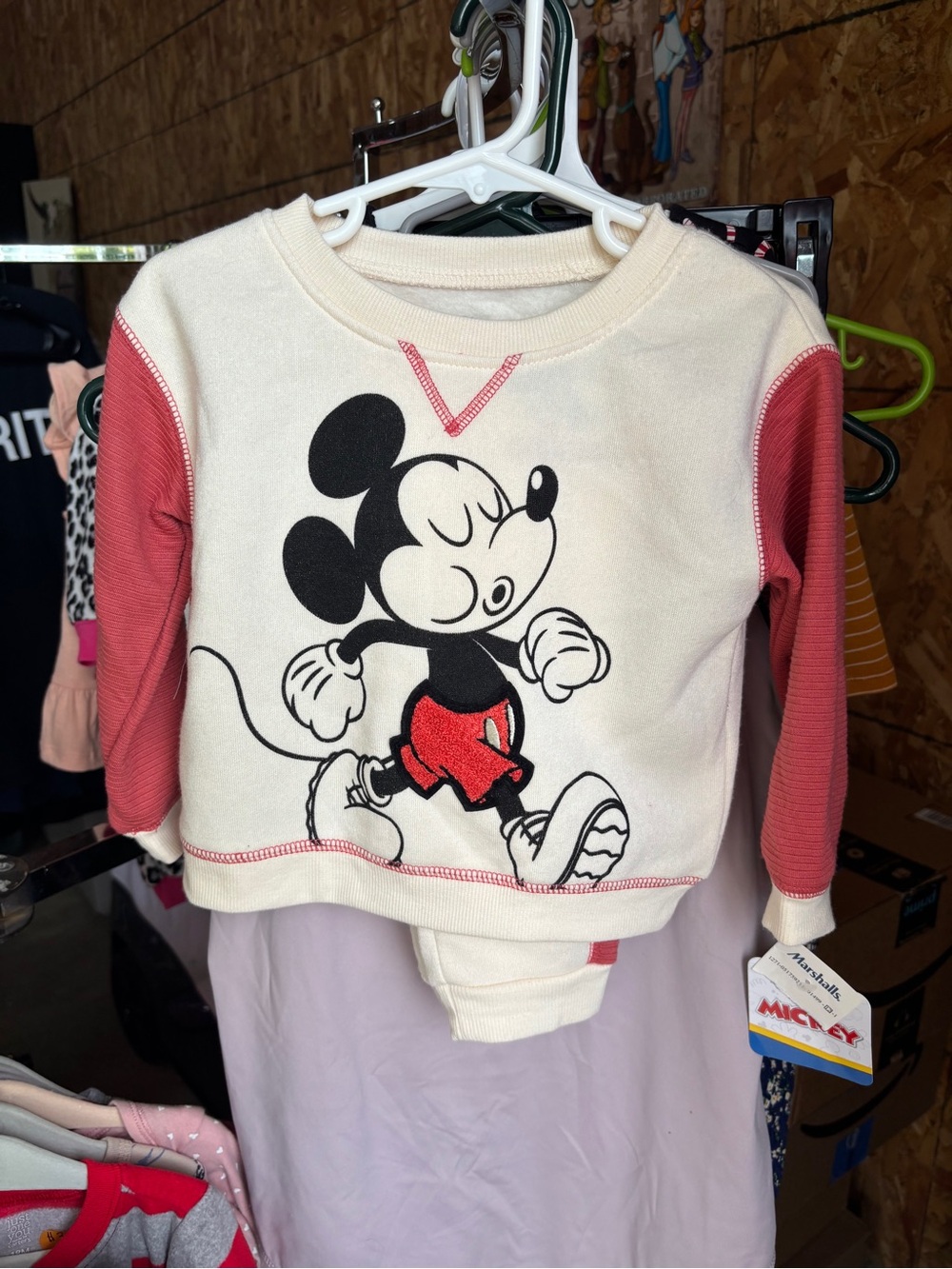 Kids Disney Mickey Mouse Cream & Red Long-Sleeve Top and Matching Bottoms